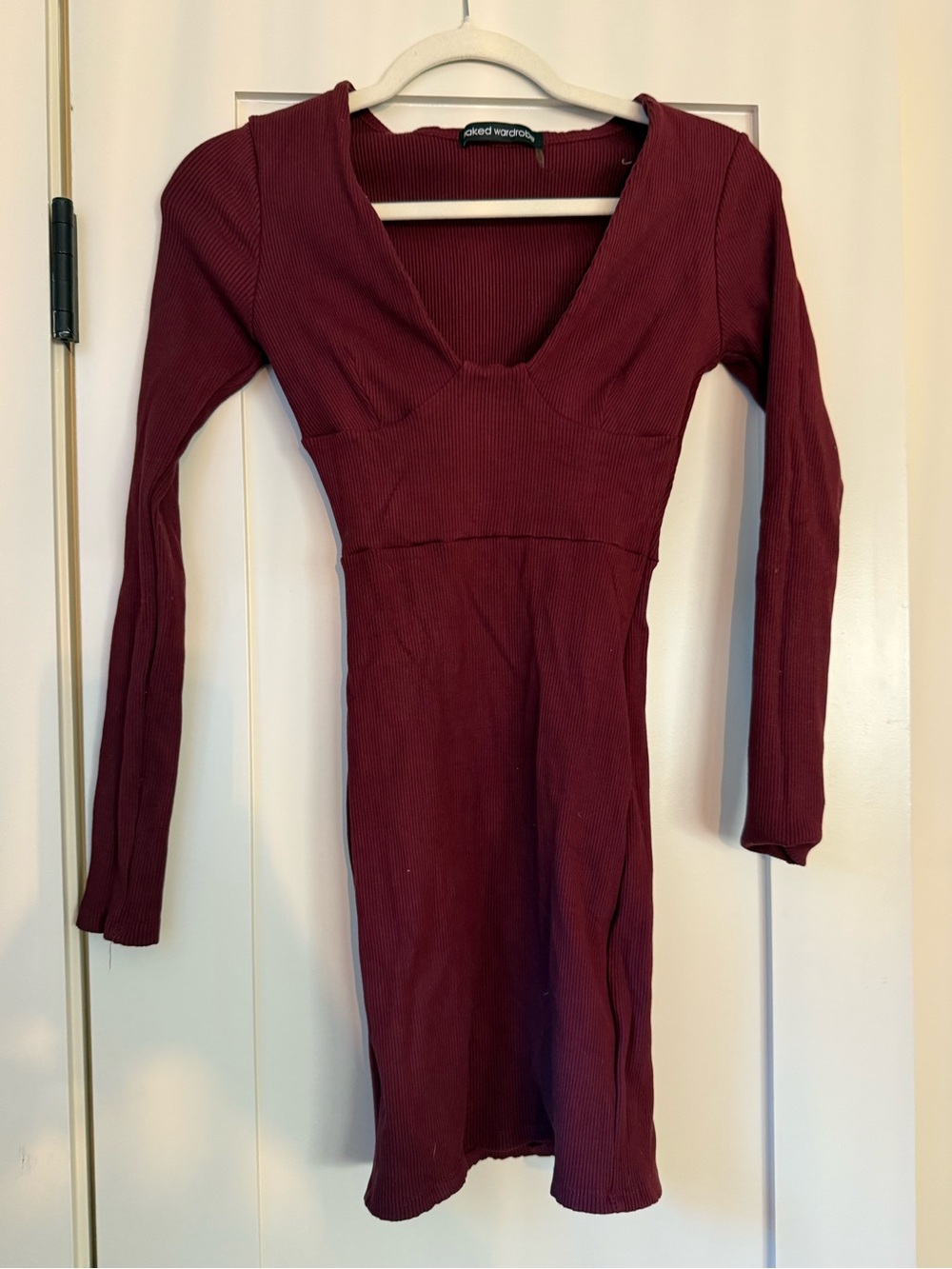 naked wardrobe Wine Red Ribbed V-Neck Mini Dress